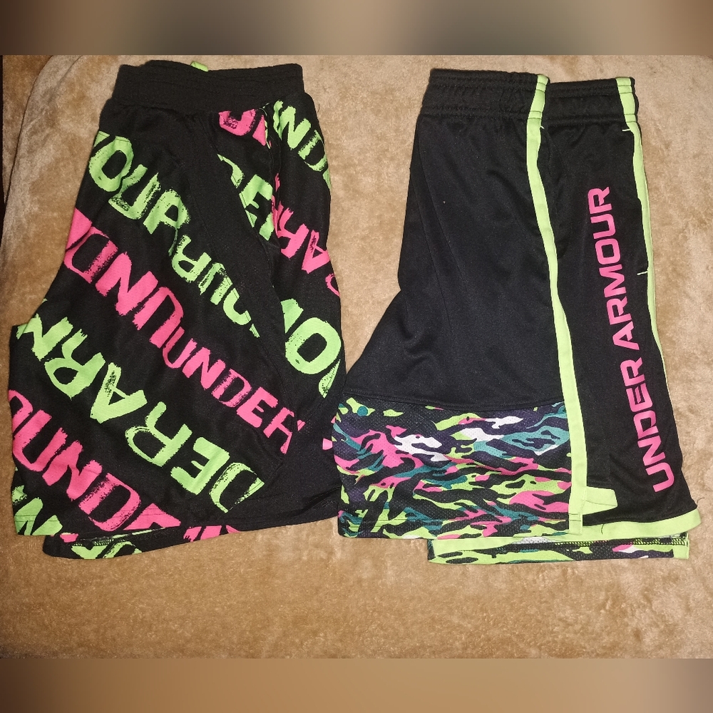 2 Under Armour Youth Shorts Size Large Black With Neon Colored Print/Logo